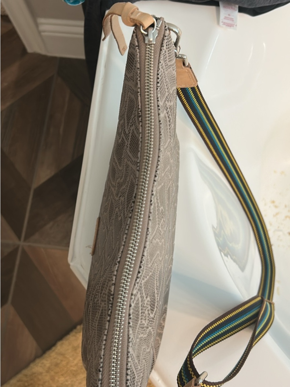 Consuela Taupe Patterned Wristlet with Multicolor Striped Strap